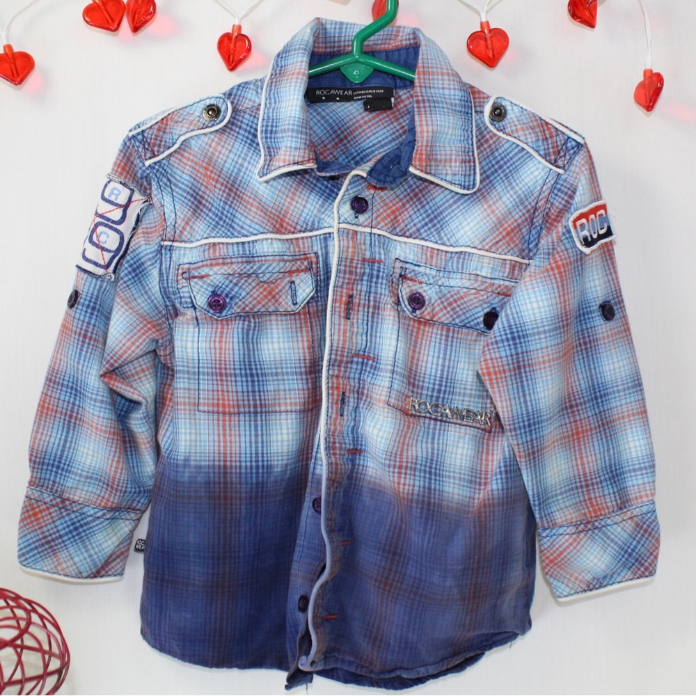 Blue plaid rocawear toddler boys 3t long sleeve button up shirt blue ombré